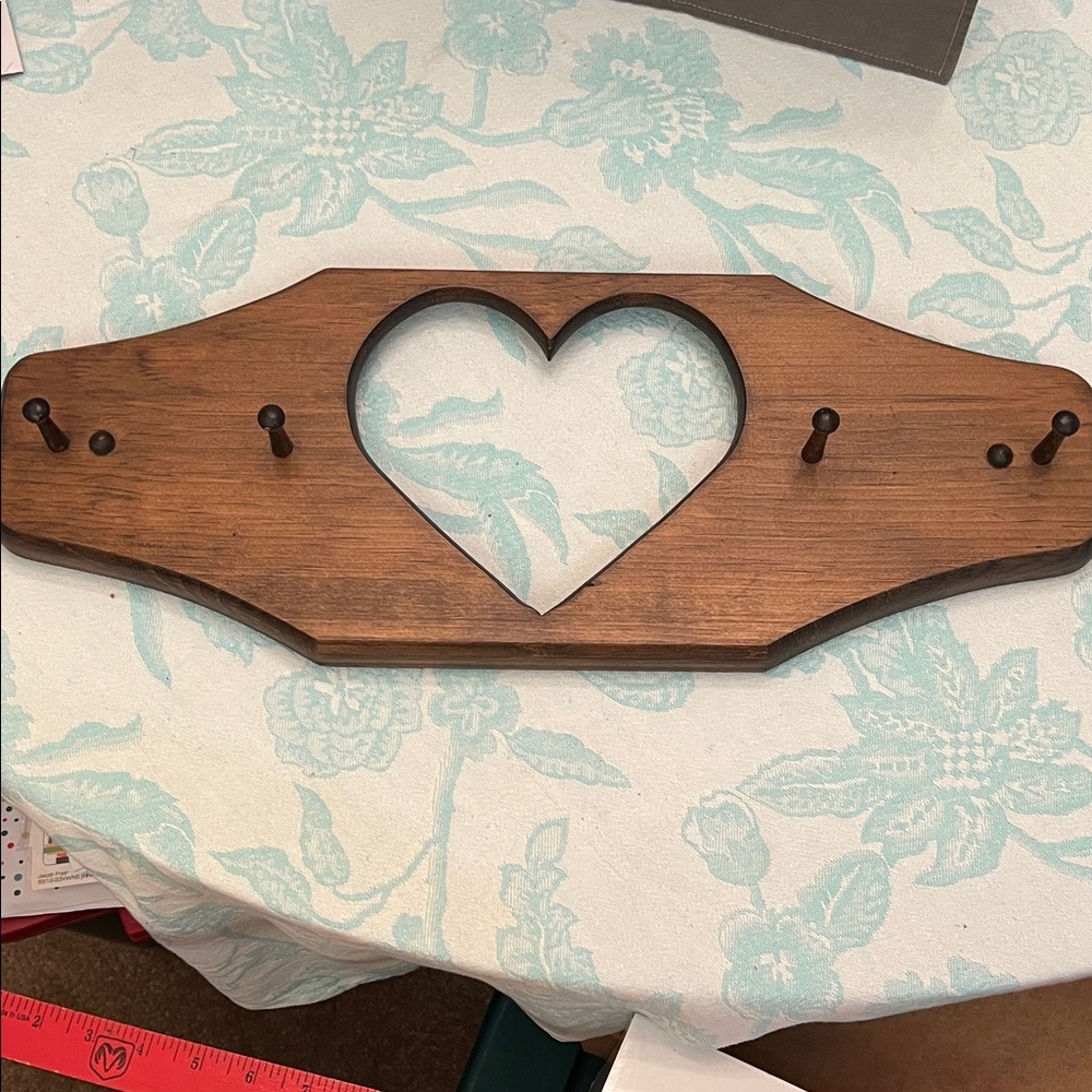 Handmade Wood Open Heart w Pegs for Hanging Jewelry-Artwork-Needlepoint-X Stitch